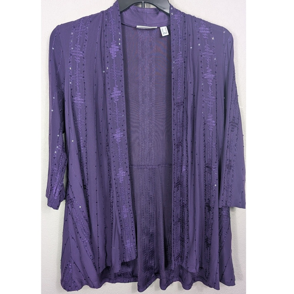 Susan Graver Purple‎ Sequin Embroidered Open Front Cardigan Duster Liquid Top S